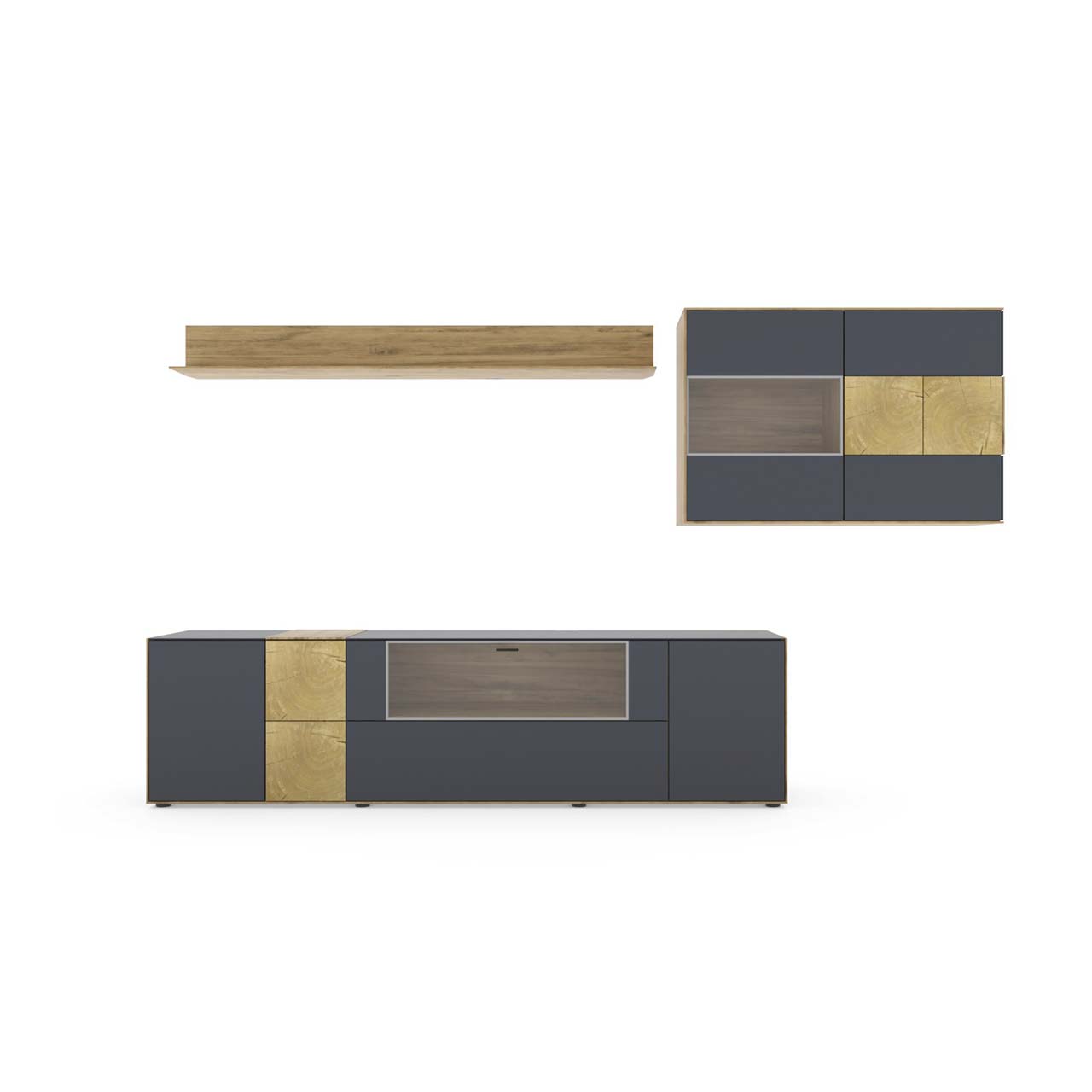 Computergeneriertes Bild einer Holz Wohnwand mit Anthrazit Fronten und dekorativen Hirnholzscheiben bestehend aus Lowboard mit Glasfront, Holz-Wandpaneel und Hängevitrine.