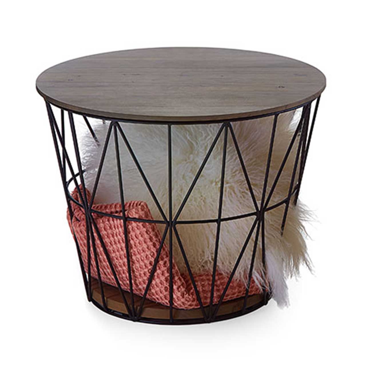 Hartmann NATURSTÜCKE - Couchtisch 5660-1072 Raffinierter, runder Couchtisch mit feinem Metallkorb in Anthrazit und abnehmbarem Holzdeckel sowie Bodenplatte aus A lholzbuche Uyaa.