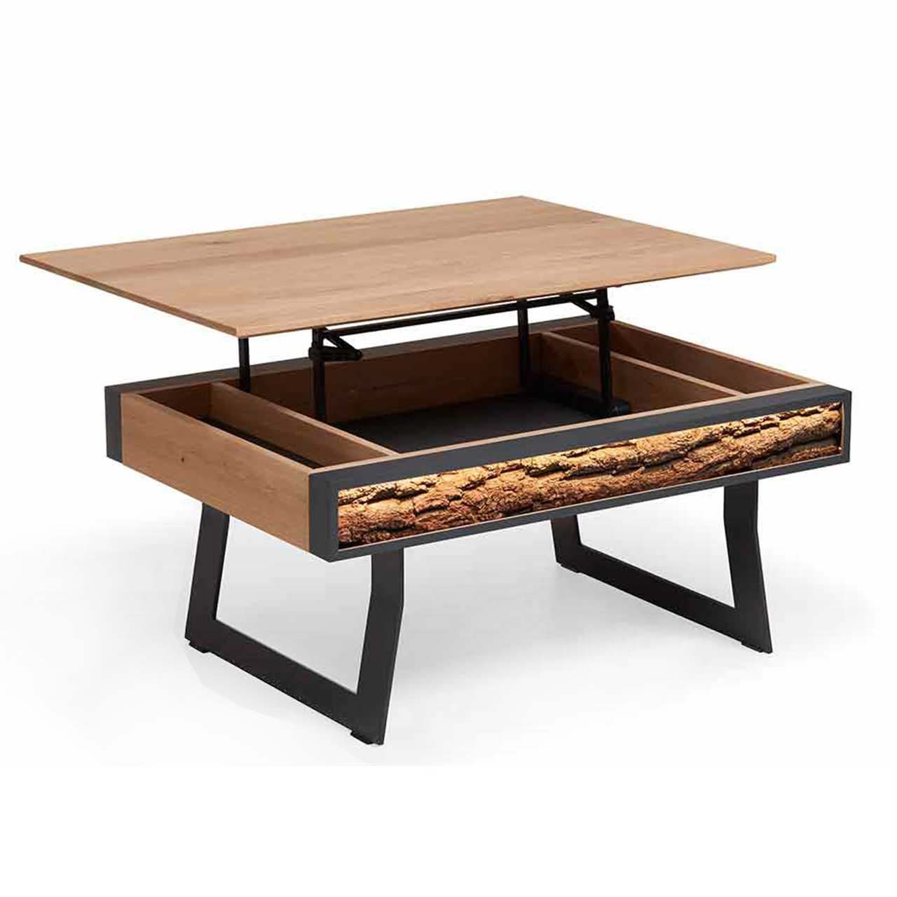 Hartmann NATURWERKE - Couchtisch 8400C-1410 Moderner Couchtisch mit hochgefahrener Tischplatte aus Kerneiche, geöffnetes Stauraumfach mit seitlicher Rindenapplikation - auf zwei Metallkufen in Anthrazit.
