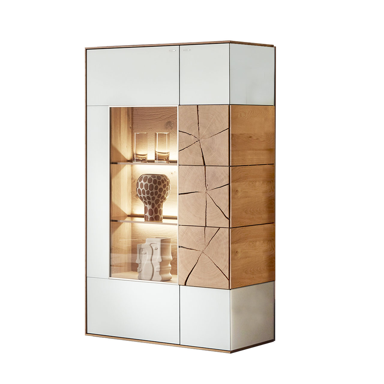 Hartmann CAYA - Highboard 7170-7083W Modernes Highboard aus massiver Kerneiche Umato mit Mattglas weiß Front, mit einer großen Glastür und einer Holztür mit dekorativer Hirnholz Applikation aus drei vertikal verlaufenden, rechteckigen Hirnholzscheiben.