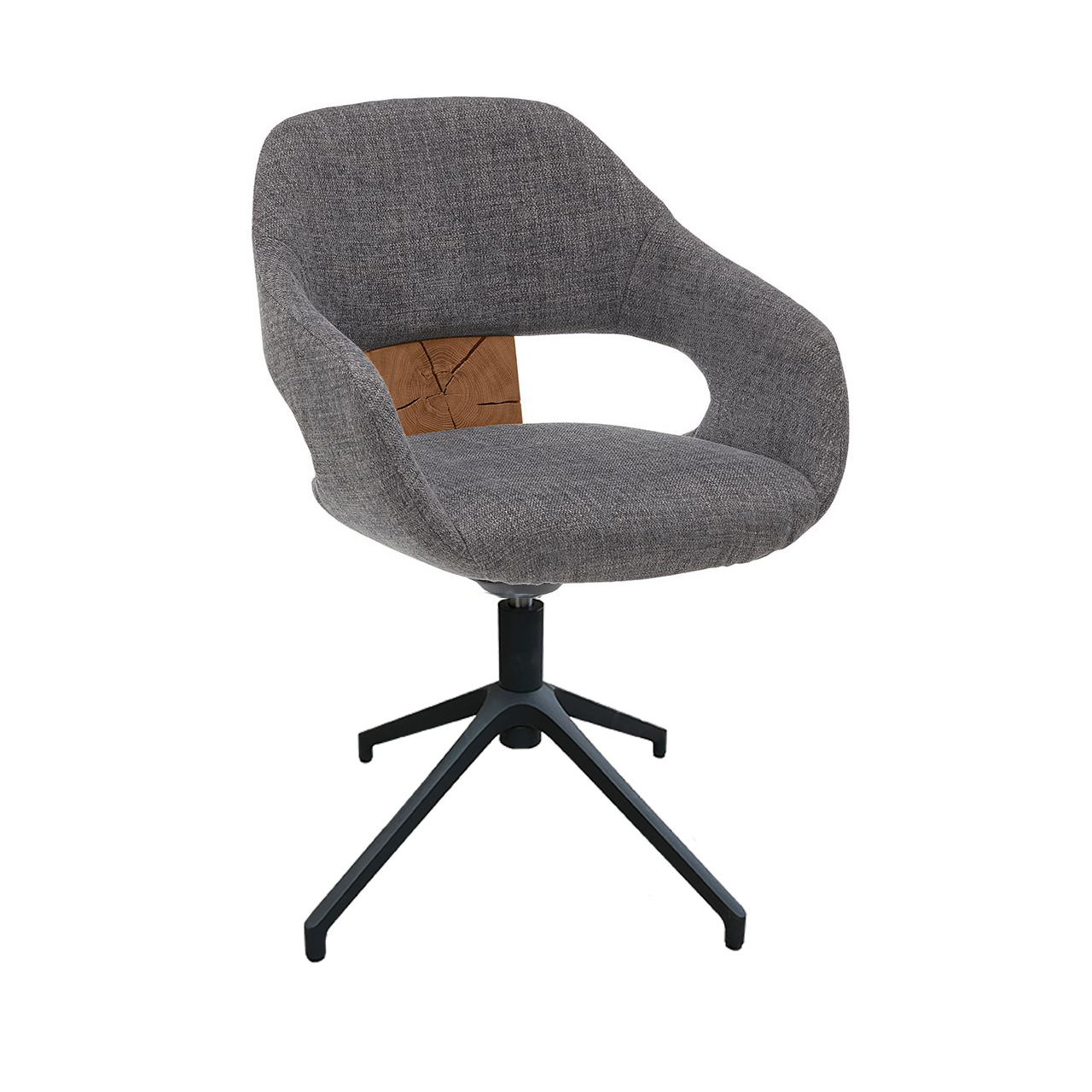 Hartmann NATURZEIT 7100E/8400E - 1732 Stuhl Aaron mit Metallgestell M2 - Frontansicht Frontansicht eines drehbaren Armlehnstuhls mit anthrazitfarbenem Stoffbezug und gepolsterter , offener Sitzschale. Mit dekorativer Hirnholzscheibe im Lendenbereich auf Vier-Fuß-Stativ Gestell in Metall Anthrazit.