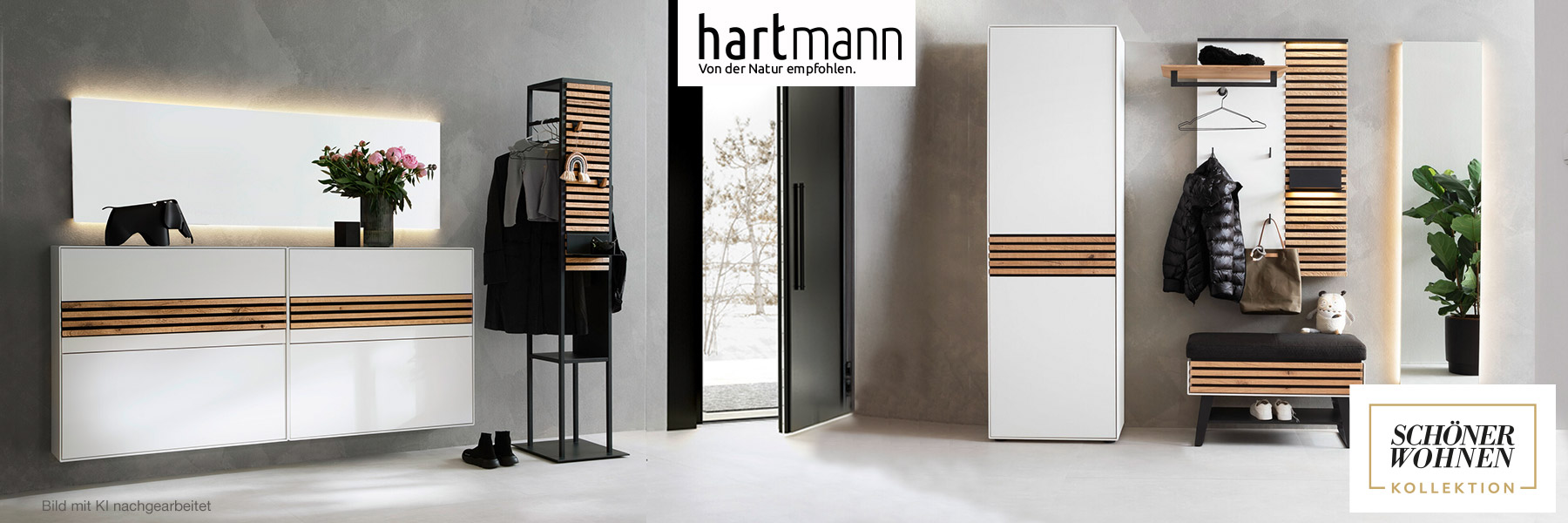 Hartmann YONNA - Flurmöbel aus massiver Birke weiß lackiert kombiniert mit Holzlamellen in Kerneiche Natur. Ambientebild zeigt zwei weiße Schuhkipper, Stauraumschrank, Wandspiegel, Garderobenpaneel und einen Sitzhocker.