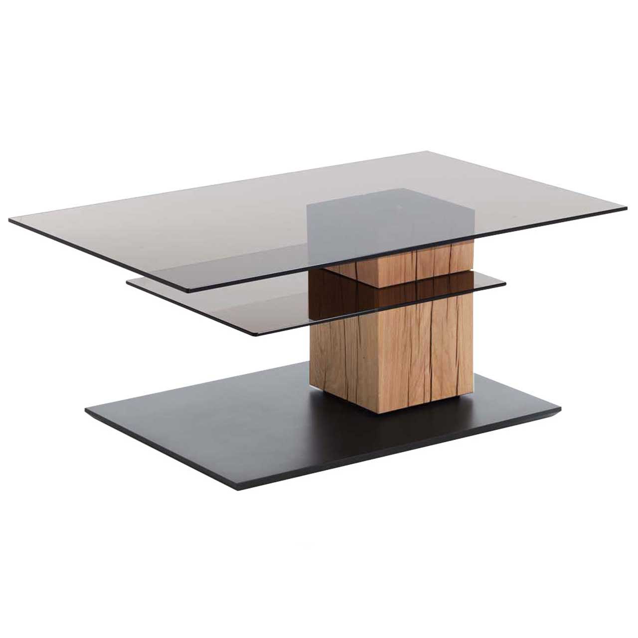 Hartmann NATURWERKE - Couchtisch 8400C-1405 Edler Couchtisch mit rechteckiger, drehbarer Glasplatte und zusätzlicher fester Glasablage darunter. Massive Holzsäule aus Riffholz auf dunkler Bodenplatte.