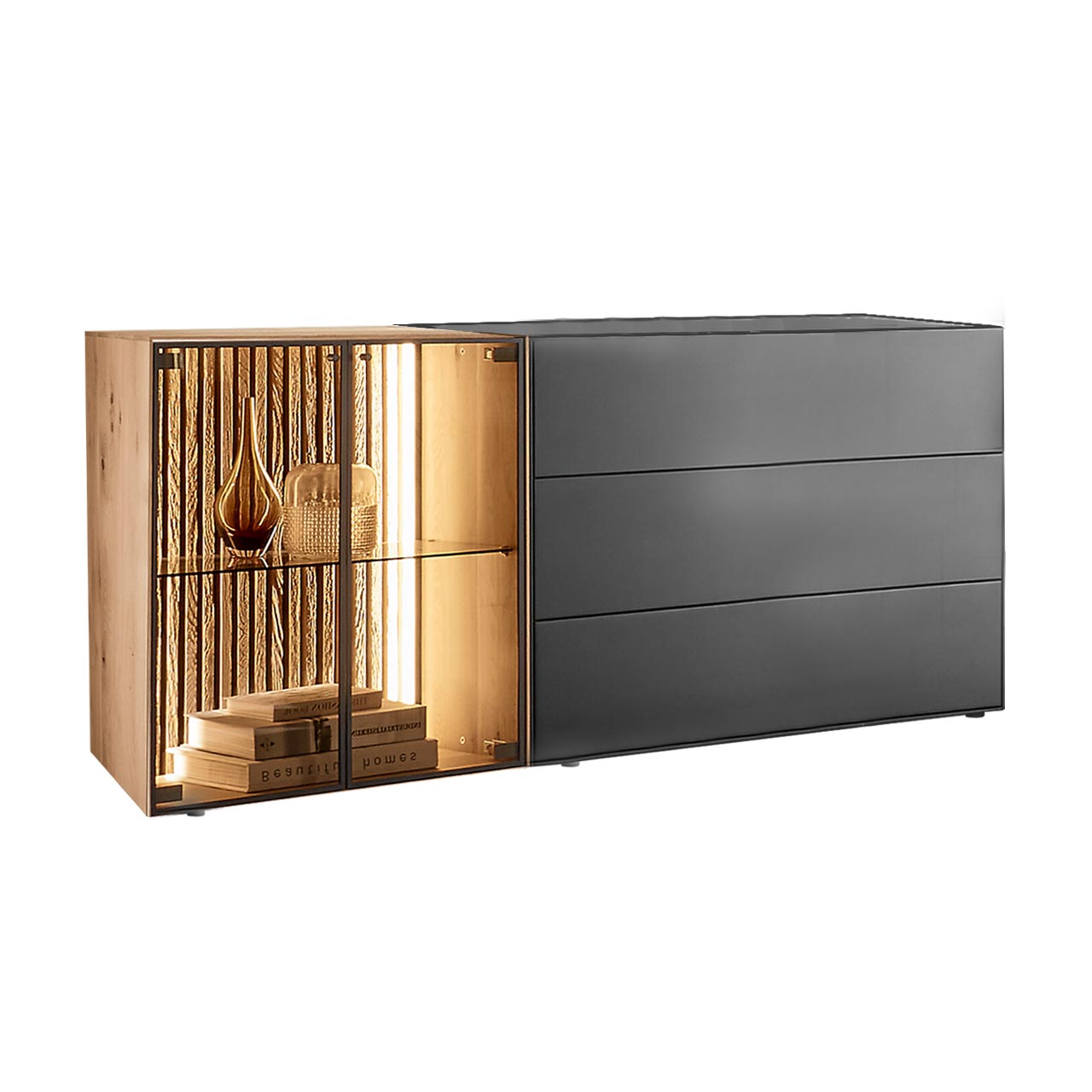 Hartmann SELINO - Sideboard 8560-4171 Modernes Sideboard aus massiver Birke anthrazit mit zwei Glastüren, beleuchteter heller Holz-Lamellenrückwand und Glaseinlegeboden sowie zwei Schubkästen und Klappe in Anthrazit.