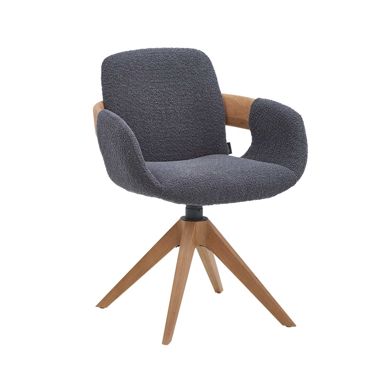 Hartmann NATURZEIT 7100E/8400E - 1644 Stuhl Emil Comfort Drehbarer Esszimmerstuhl mit gepolsterter Sitzfläche und Rückenlehne in dunkelgrauem Stoff, Holzapplikation an Lehnen und Vier-Fuß-Stativgestell aus massivem Holz.