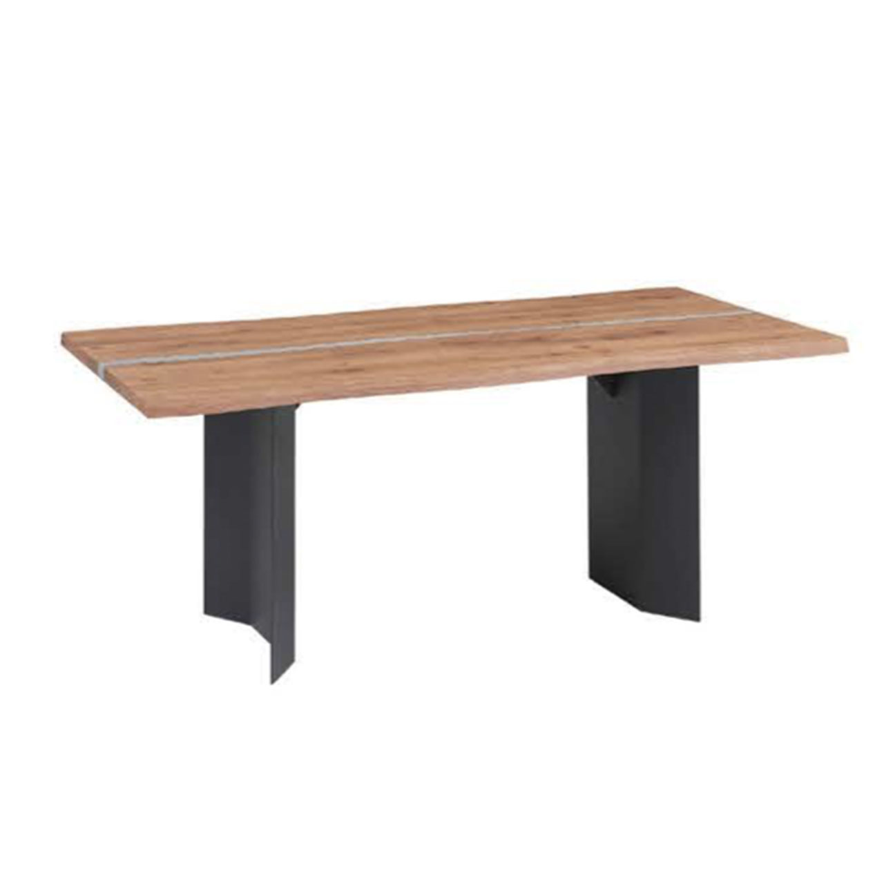 Moderner Esstisch aus heller, massiver Kerneiche mit rechteckiger Tischplatte und mittiger Epoxid-Applikation. Zwei-Fuß-Untergestell aus massivem Holz in Anthrazit.