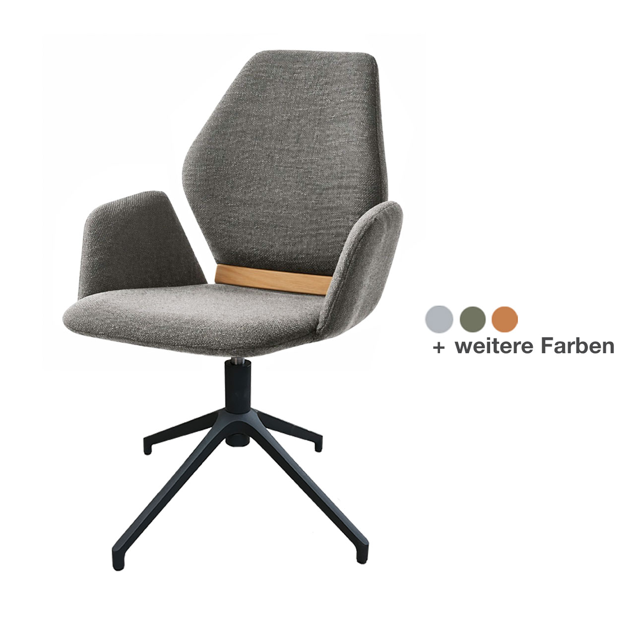 Moderner Esszimmerstuhl mit gepolsteter Sitzfläche sowie Rücken- und Armlehnen in grauem Stoff, mit Holzapplikation im Lendenbereich und Vier-Fuß-Metallgestell in Anthrazit.