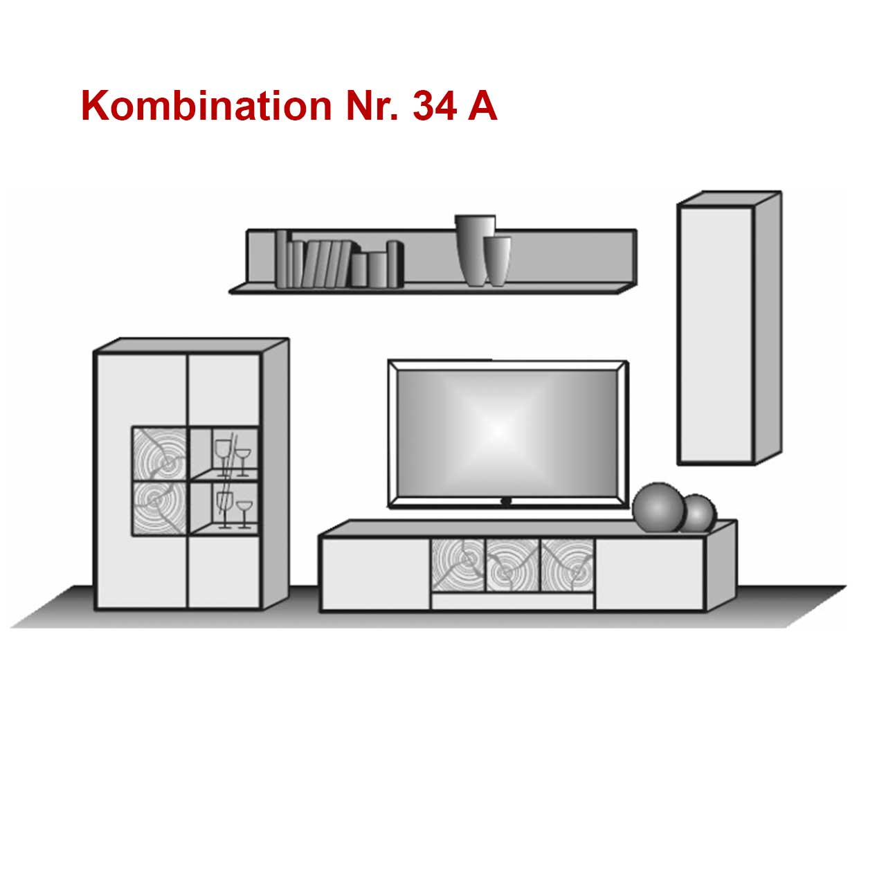 Skizze einer vierteiligen Wohnkombination aus Holz und Mattglas Fronten bestehend aus Standvitrine und Lowboard mit teils strukturierter Holz-Front, Hängeschrank und Wandregal, inkl. Hinweistext: Kombination Nr. 34A 