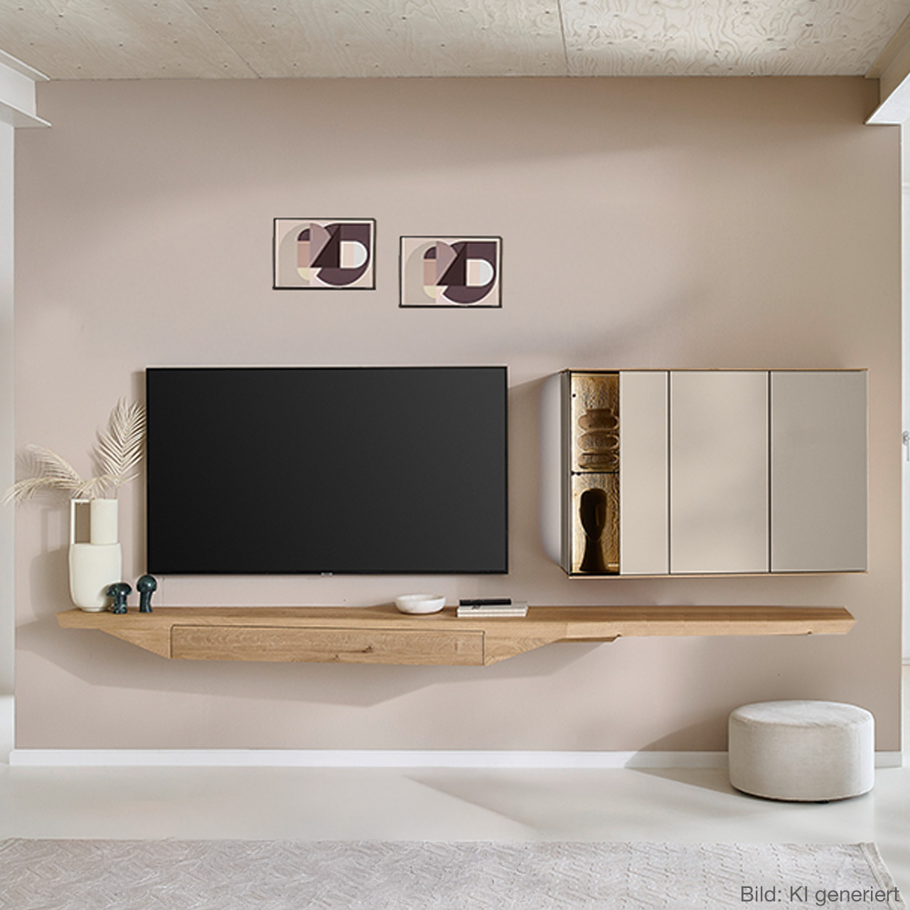 Hartmann Möbel SVEA - Wohnwand 8660 Nr. V20 - zweiteilig aus Kerneiche Natur, Lack Sand Moderne, zweiteilige Wohnwand aus massiver Kerneiche Natur mit Lack Sand und Riffholz im asymmetrischen Design. Bestehend aus Hängelowboard mit langer Ablagefläche und praktischem Schubkasten und einer Hängevitrine in Holz/Lack mit zwei Türen.