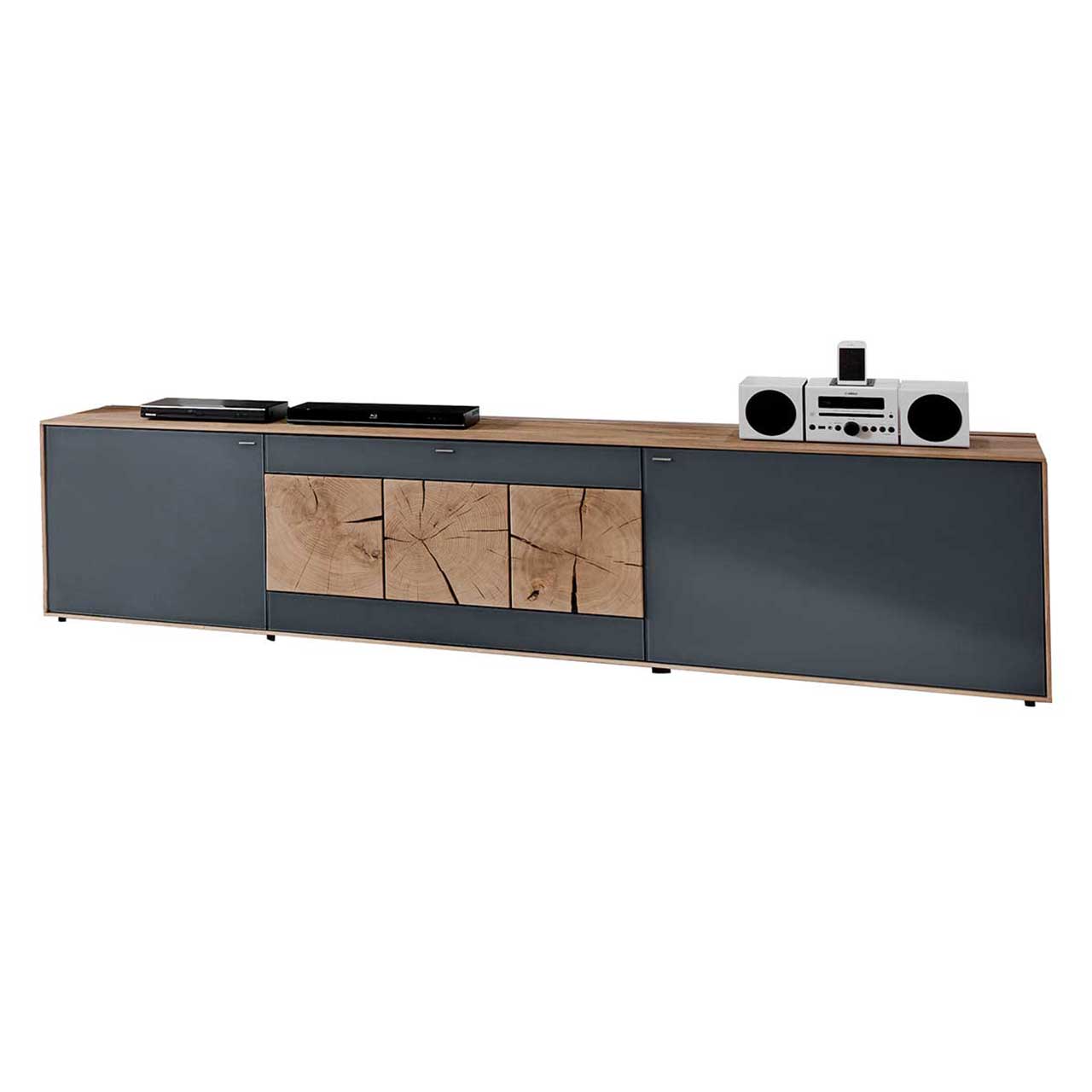 Langes, modernes Lowboard aus massiver Kerneiche Umato mit Mattglas anthrazit Front und drei rechteckigen, dekorativen Hirnholzscheiben.