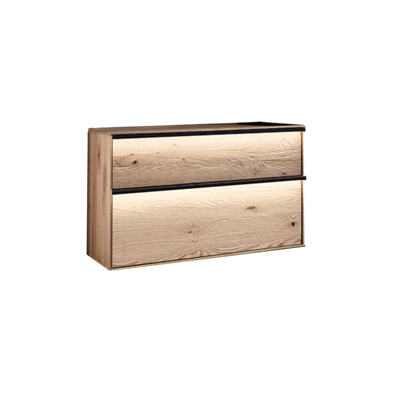 Hängelowboard aus Kerneiche mit 1 Klappe und 1 Schubkasten mit optionaler Griffbeleuchtung