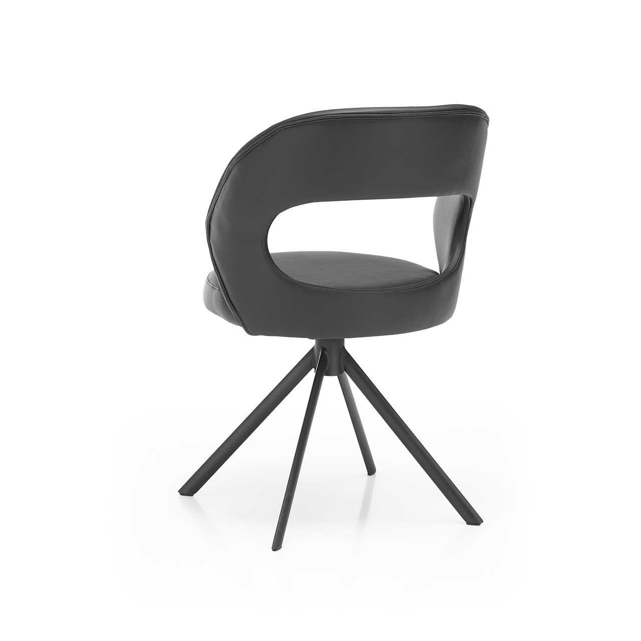 Rückansicht eines modernen Esszimmerstuhls. Gepolsterter Stuhl mit Bezug aus schwarzem Leder, mit offener Rückenlehne und drehbarem Vier-Fuß-Stativ Gestell in Metall anthrazit.