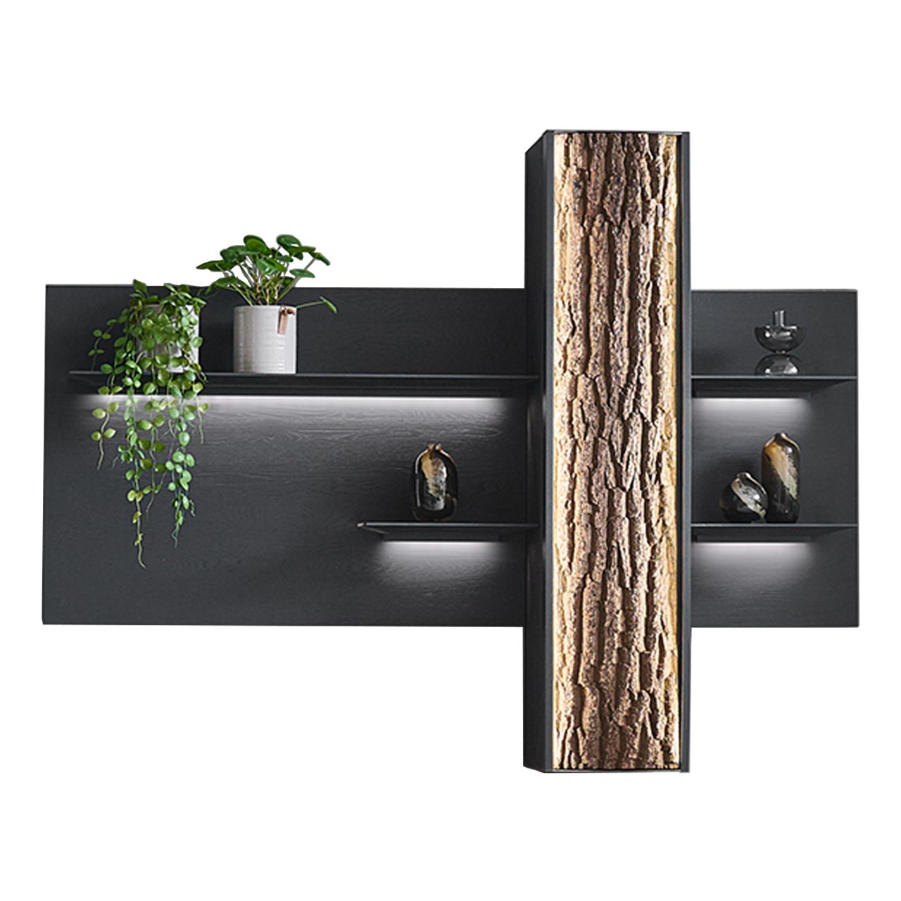 Modernes Wandpaneel aus massiver, anthrazit gebeizter Kerneiche Natur mit vier beleuchteten Holzböden sowie integriertem Stauraumschrank und beleuchteter Holztür mit echtem Rinden-Akzent.