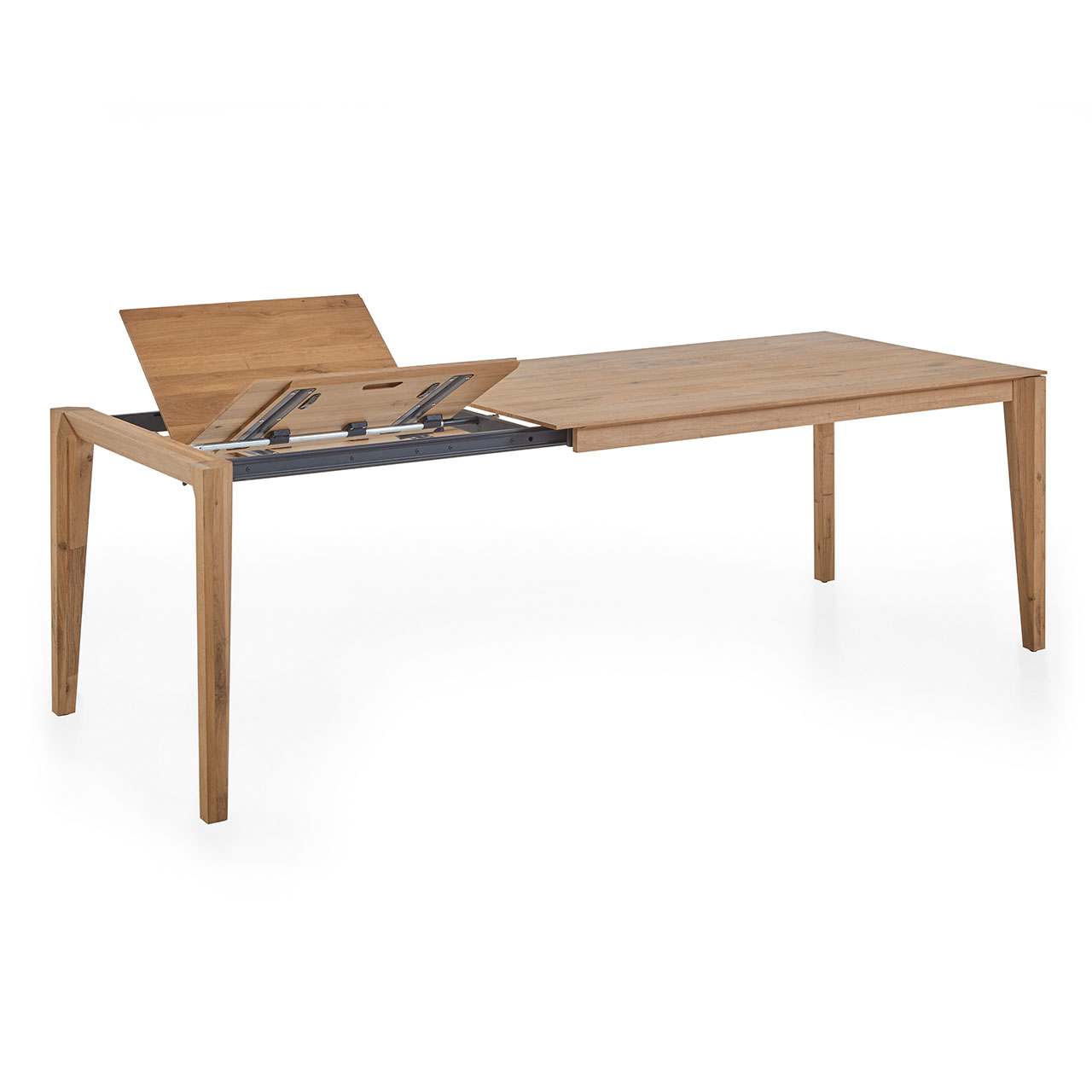 Klassischer Esstisch aus massiver, heller Kerneiche mit rechteckiger, ausziehbarer Tischplatte auf vier Holzbeinen - Abbildung zeigt den Pöttkerauszug, mit aufgestellter Tischplatte.