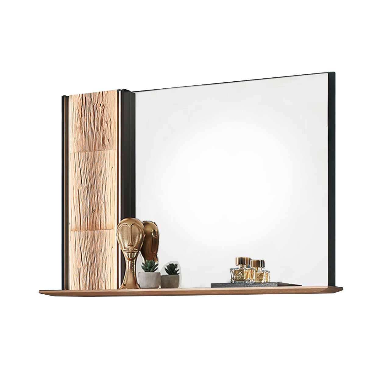 Hartmann SALVO Garderoben - Wandpaneel mit Spiegel 8550G-5117 li. - mit Spaltholz Modernes Wandpaneel mit linksseitigem Spaltholz-Akzent im anthrazitfarbenen Metallrahmen. Rechts ein großer rechteckiger Spiegel mit durchgehendem Holzablageboden unten.