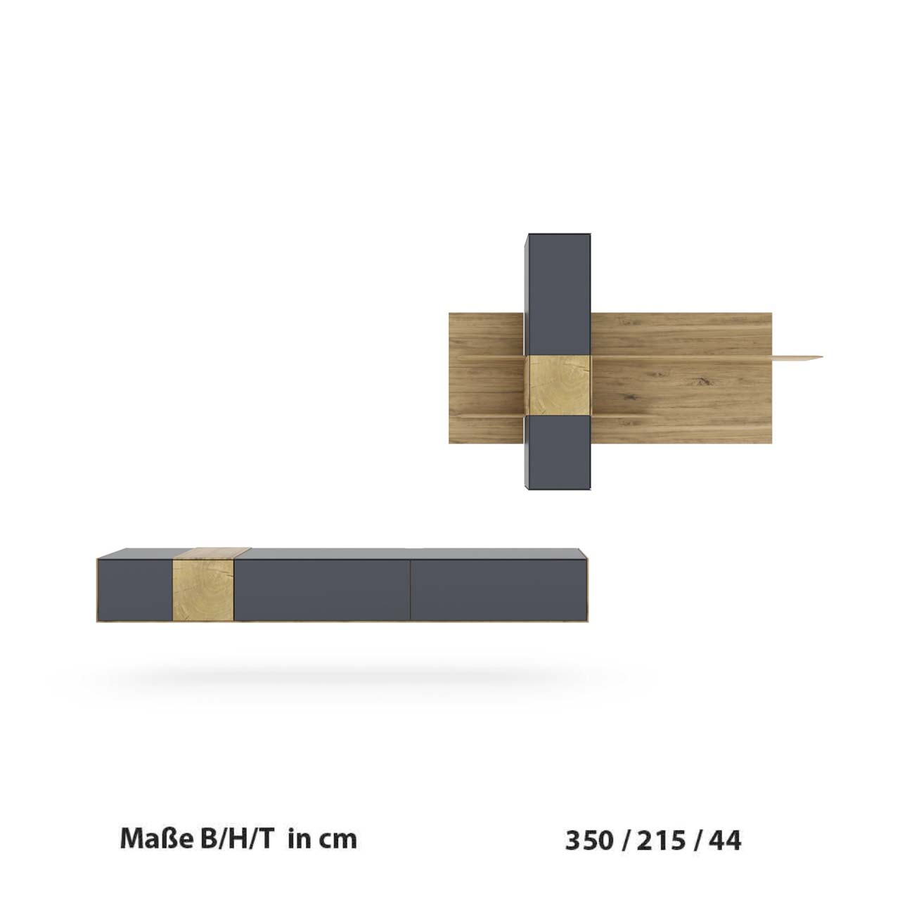 Computergeneriertes Bild einer Holz Wohnwand mit Anthrazit Fronten und dekorativen Hirnholzscheiben bestehend aus Hängelowboard und Paneel-Kombination mit Regalböden und Hängeschrank inkl. Maßangaben