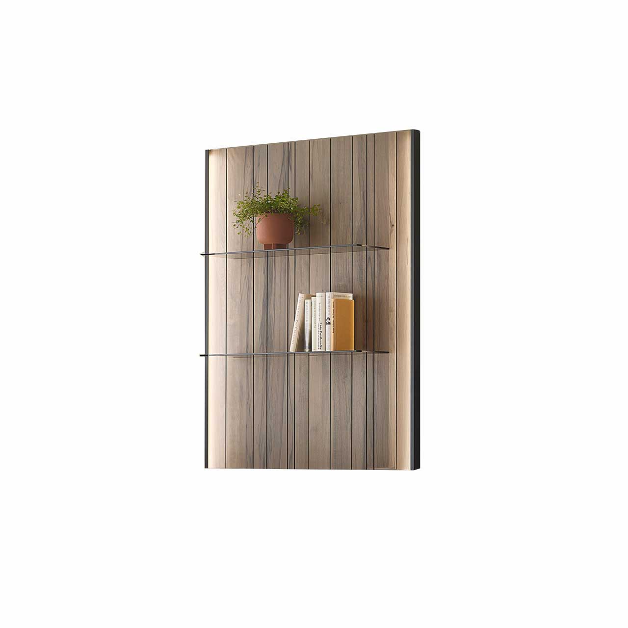 Hartmann AUDRA - Wandpaneel 5610-6071 - Altholzbuche Uyaa Modernes Wandpaneel aus dunkelbrauner Altholzbuche Uyaa mit edler, sichtbarerer Holzmaserung und zwei Glasböden aus Parsolglas Bronze.