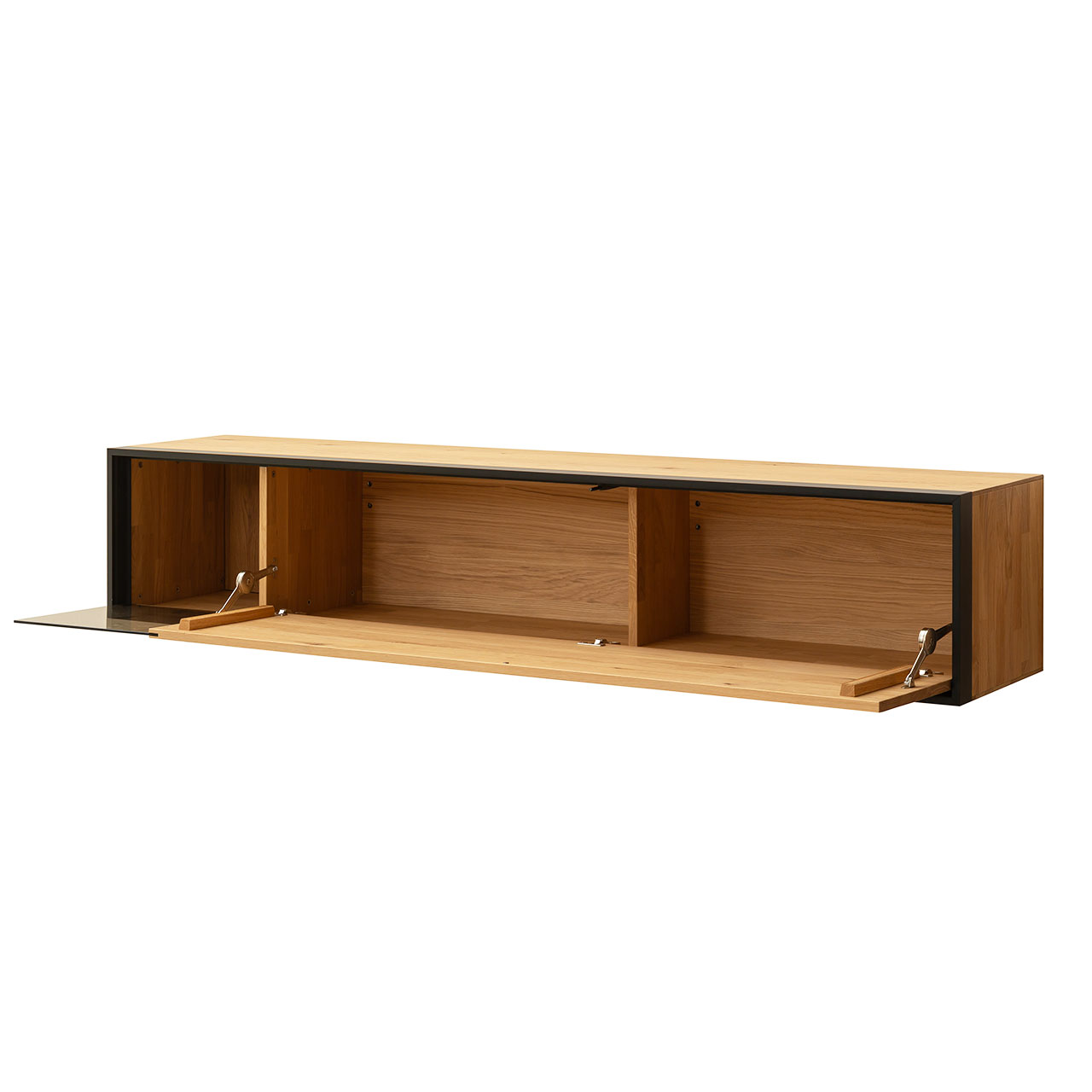 Modernes Hängelowboard aus sandgestrahlter Kerneiche Natur mit geöffneter Klappe und Glasausschnitt loinks, eingefasst in einen anthrazitfarbenen Metallrahmen.