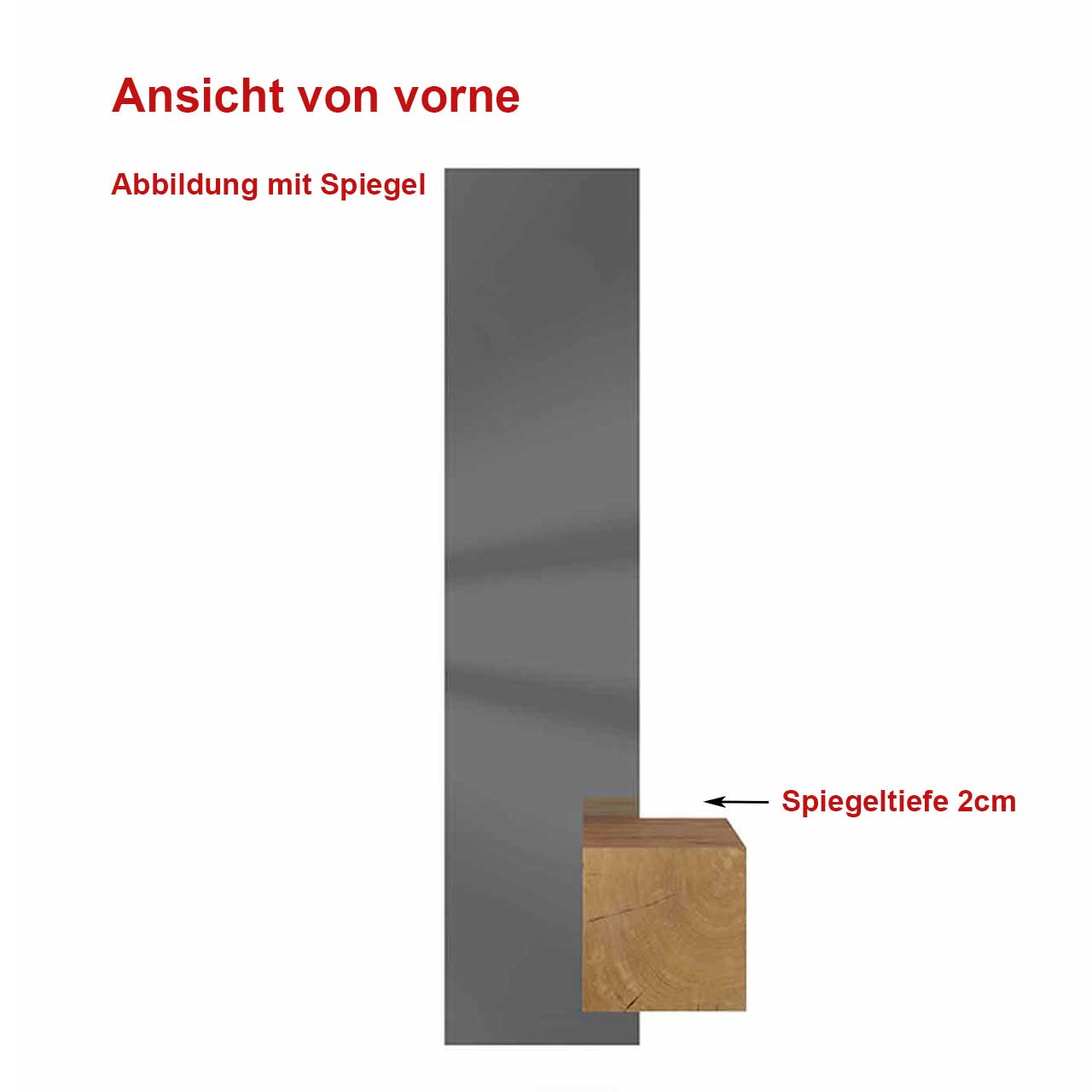 Skizzenzeichnung zum Anbringen des Stauraufaches CAYA 7140-1060 an eine Wand mit passendem Wandspiegel - dabei ist die Spiegeltiefe von 2 cm zu beachten!