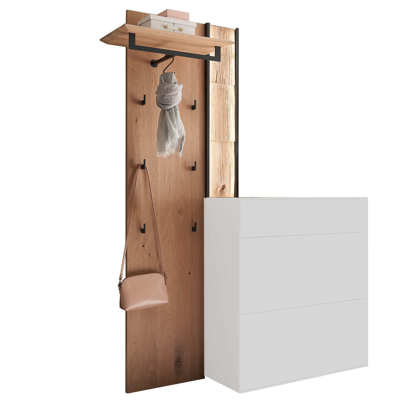 Hartmann SALVO Garderoben - Wandgarderobe 8550G-0073 - mit Spaltholz Modernes Garderobenpaneel aus massiver Kerneiche Natur mit Spaltholz-Akzent links, Hutboden, Ablageboden, Kleiderstange und sechs Mantelhaken aus anthrazitfarbenem Metall.