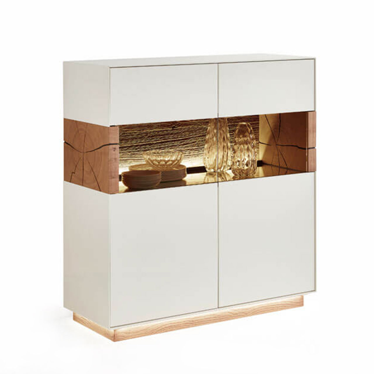 modernes Highboard in Lack weiß mit Glastüren und Holzakzenten