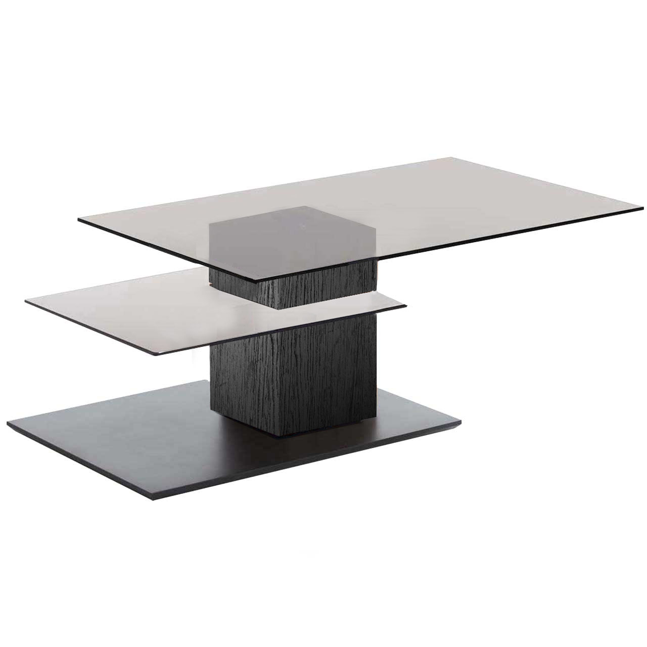 Moderner Couchtisch mit rechteckiger, zur Seite gedrehter Glasplatte und zusätzlicher fester Glasablage darunter. Massive Holzsäule aus Kernesche anthrazit auf dunkler Bodenplatte.