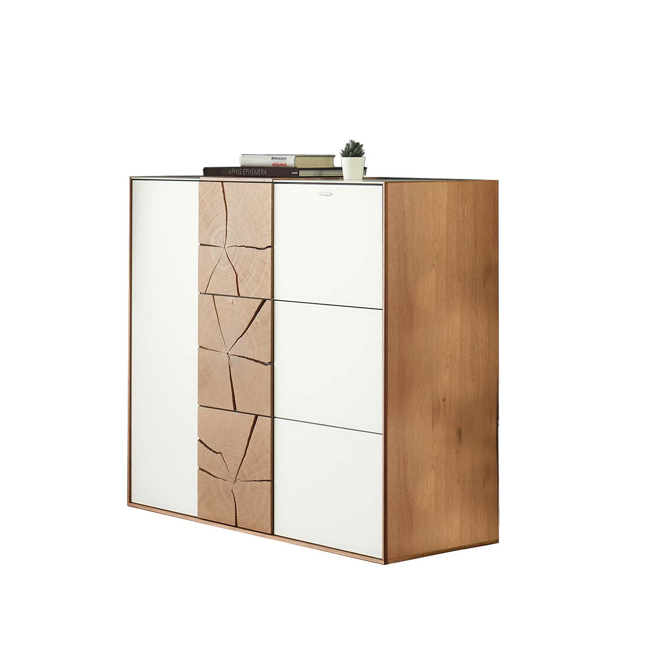 Moderne Kommode aus massivem Holz mit Fronten in Mattglas weiß und dekorativen Hirnholzscheiben mit Türen und Schubkasten.