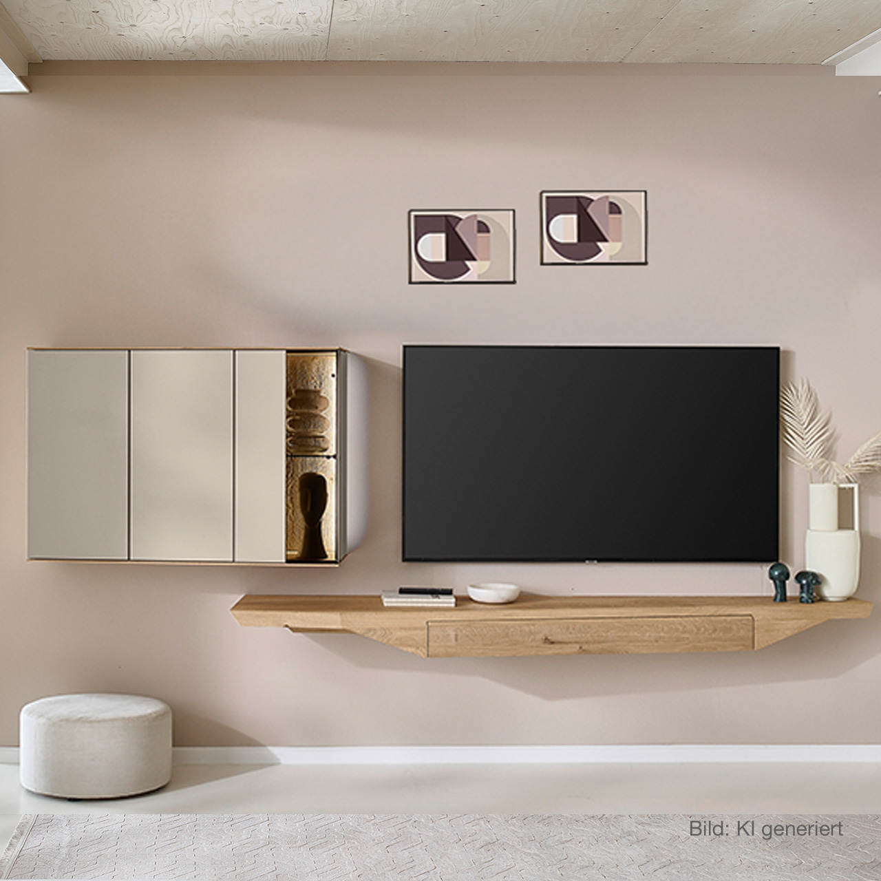 Moderne, zweiteilige Wohnwand aus massiver Kerneiche Natur mit Lack Sand und Riffholz im asymmetrischen Design. Bestehend aus Hängelowboard mit Schubkasten aus edlem Riffholz und einer Hängevitrine in edlem Holz mit Lackfront Sand.