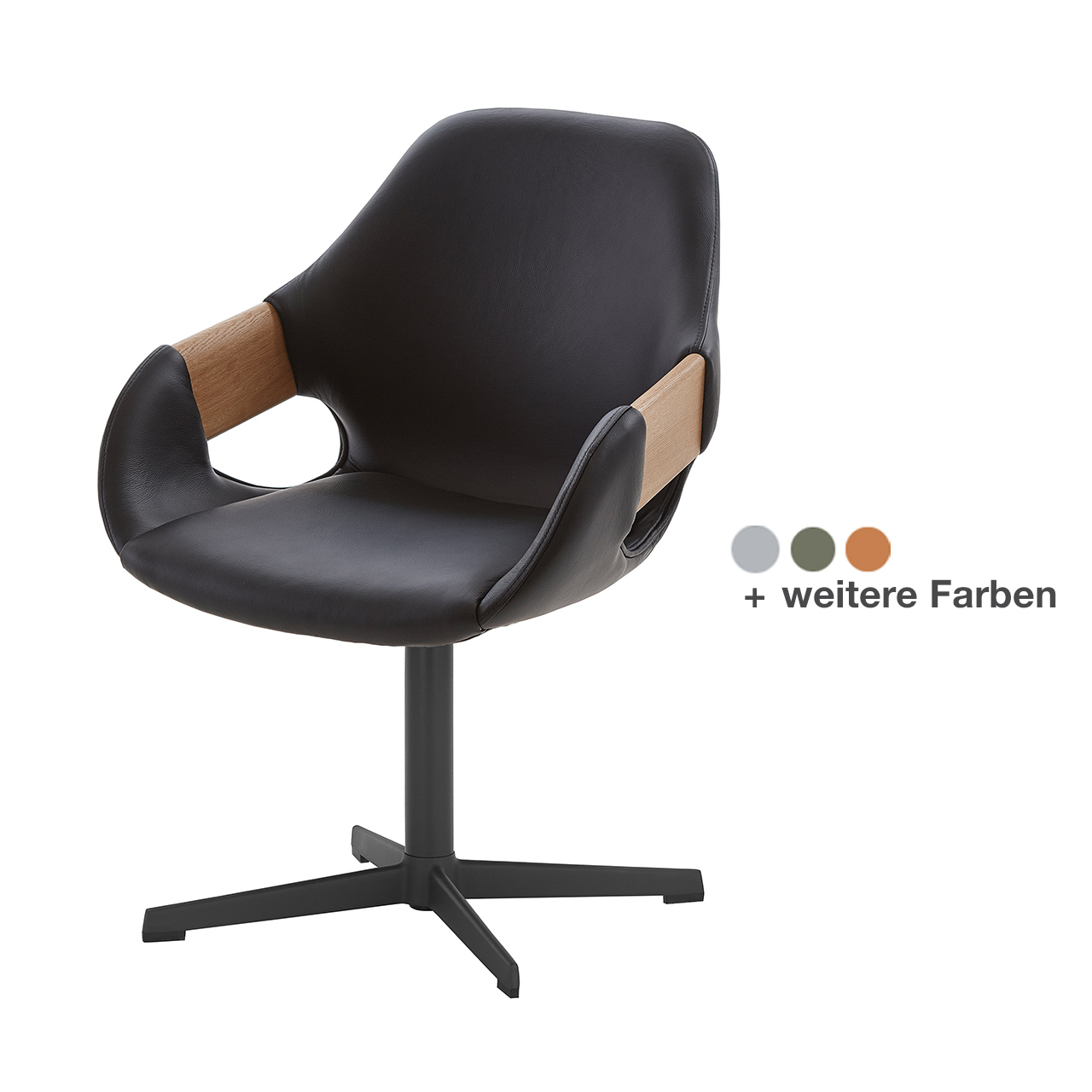 Hartmann NATURZEIT 7100E/8400E - 1777 Stuhl Basti Comfort - mit Metallgestell M3 Moderner Esszimmerstuhl mit extra gepolsteter Sitzfläche und Rückenlehne in schwarzem Leder, mit Holzapplikation an Lehnen und Kreuzgestell in Metall anthrazit - in Frontansicht.
