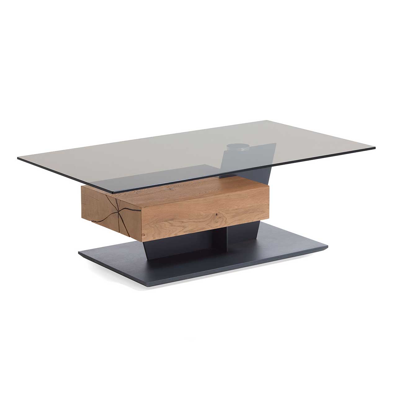Moderner Couchtisch mit rechteckiger Glasplatte und Hirnholzblock aus massiver Kerneiche mit Schubkasten auf dunkler Bodenplatte.