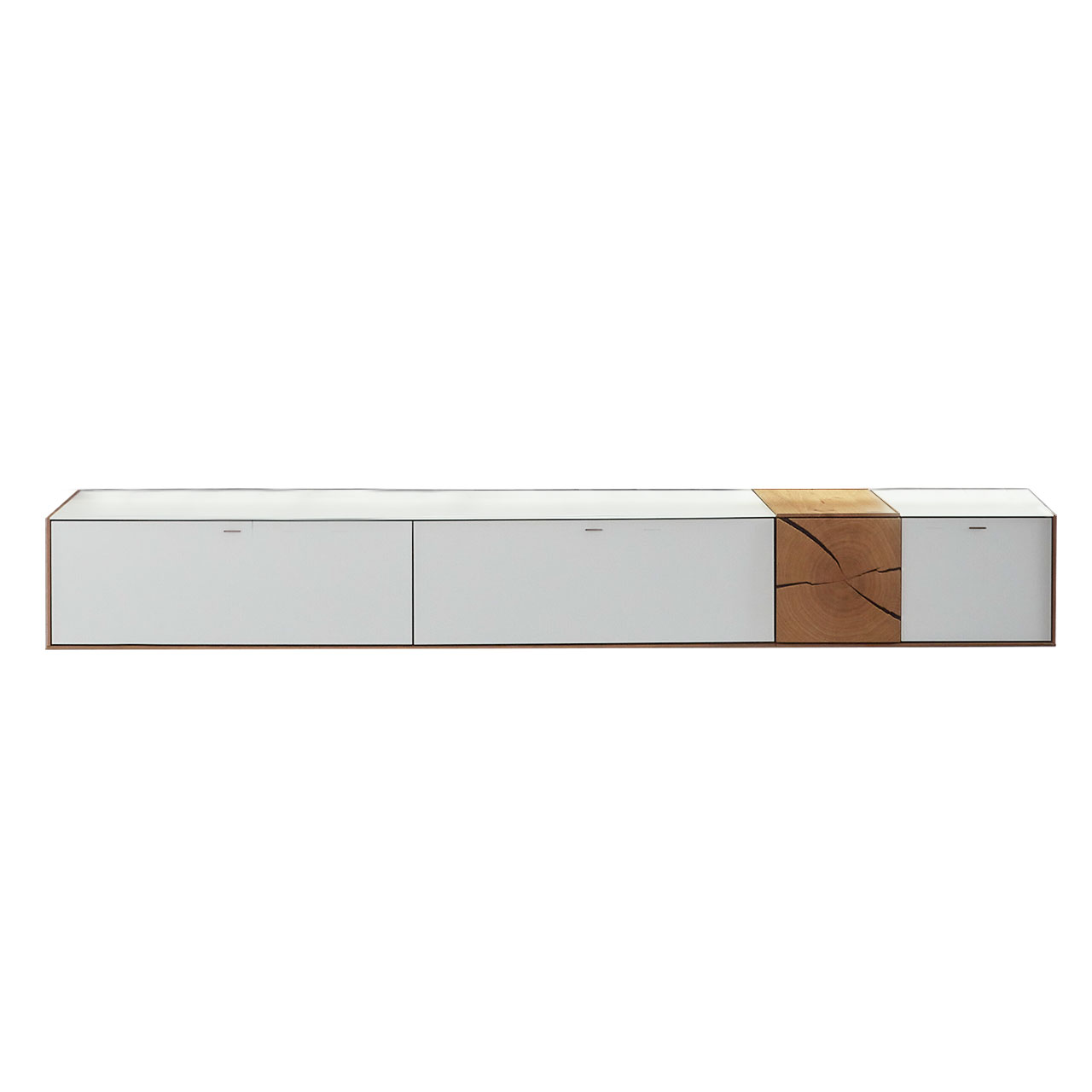 Hartmann CAYA - Hängelowboard 7170-1235W Modernes Hängelowboard aus massivem Holz mit Mattglas weiß Front und dekorativer Hirnholz Applikation rechts.