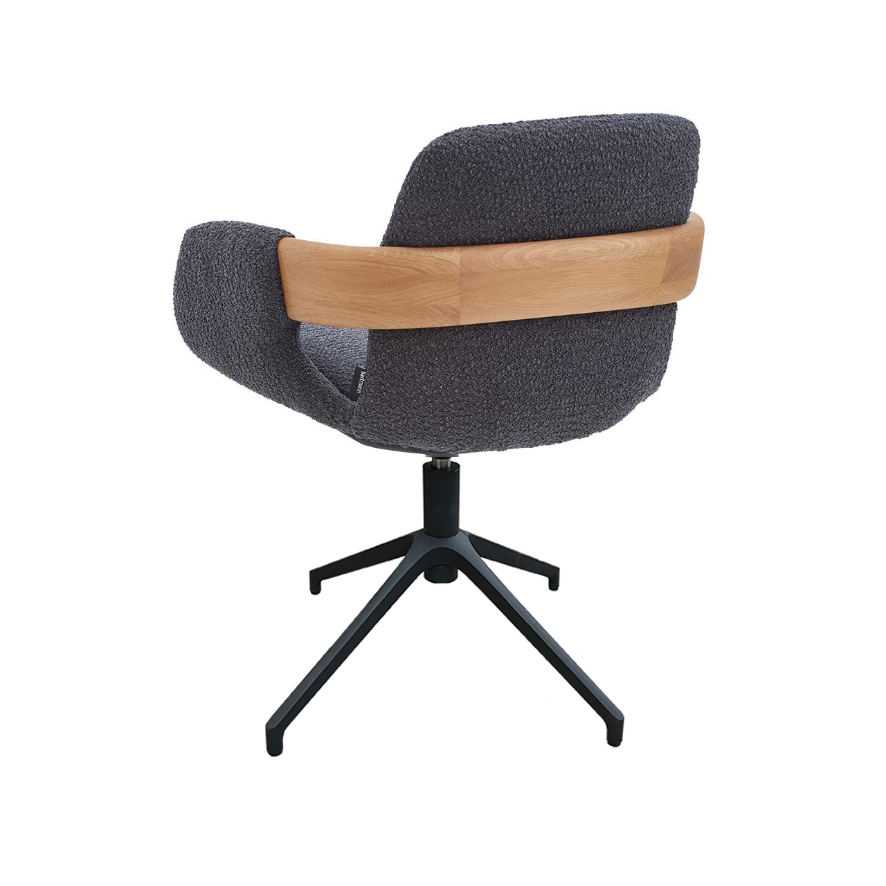 Hartmann NATURZEIT 7100E/8400E - 1761 Stuhl Emil Comfort mit Metallgestell M2 Drehbarer Esszimmerstuhl mit gepolsterter Sitzfläche und Rückenlehne in dunkelgrauem Stoff, Holzapplikation an Lehnen und Vier-Fuß-Stativgestell aus Metall anthrazit - in Rückansicht.