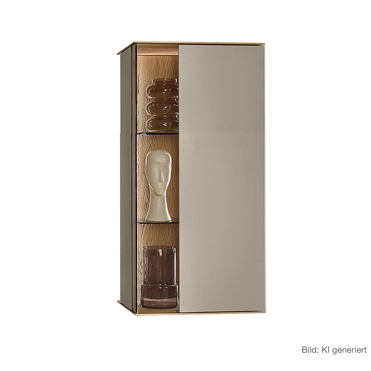 Hartmann Möbel SVEA - Hängevitrine 8660-6062 re. schräg - Kerneiche Natur, Lack Sand Moderne Vitrine aus massiver Kerneiche Natur mit Lackfronten in Sand. Mit einer Glas-Lacktür und beleuchteter Riffholzrückwand links sowie zwei Glasböden - asymmetrisches Design, von links nach rechts zulaufend schmaler werdend.