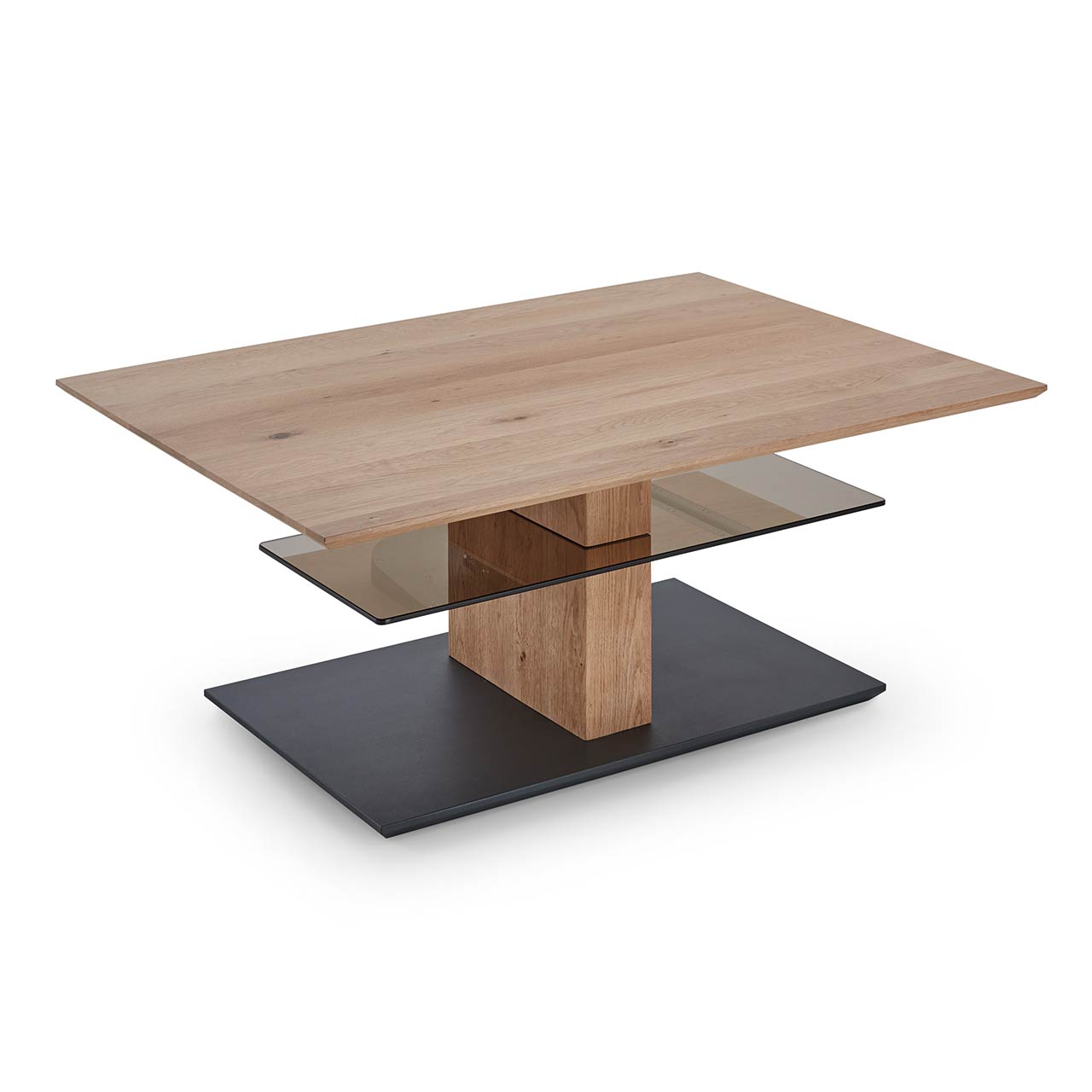 Edler Couchtisch mit rechteckiger, höhenverstellbarer Tischplatte aus Holz und zusätzlicher fester Glasablage darunter - auf massiver Holzsäule und dunkler Bodenplatte.