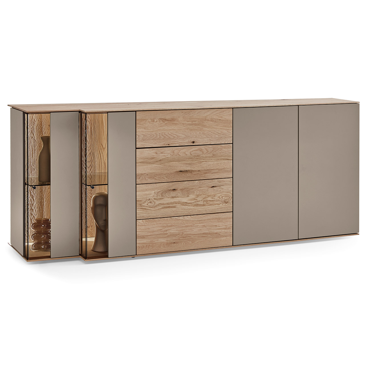 Moderne Hängekommode aus Kerneiche Massivholz mit Lackfronten in Sand und edlem Riffholz. Mit zwei Lacktüren rechts, einem Schubkasten und Tür in Riffholz mittig und zwei Glas-Lacktüren in asymmetrischem Design und beleuchteter Riffholzrückwand links.