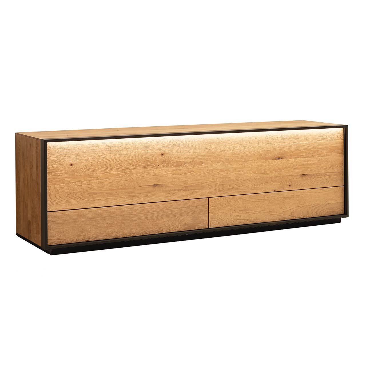 Hartmann YOLA Schöner Wohnen - Lowboard mit Sockel 8590-3202 Schlichtes Lowboard aus sandgestrahlter Kerneiche Natur mit beleuchtetem Metallrahmen in Anthrazit, einer Klappe oben, zwei Schubkästen unten und anthrazitfarbenem Sockel.