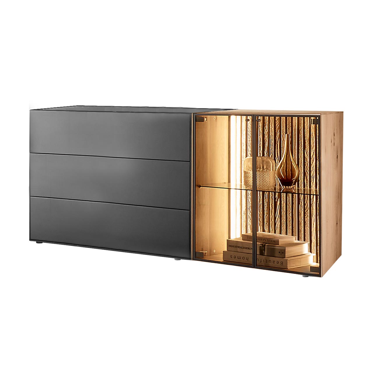 Hartmann SELINO - Sideboard 8560-4172 Modernes Sideboard aus massiver Birke anthrazit mit zwei Glastüren, beleuchteter heller Holz-Lamellenrückwand und Glaseinlegeboden sowie zwei Schubkästen und Klappe in Anthrazit.
