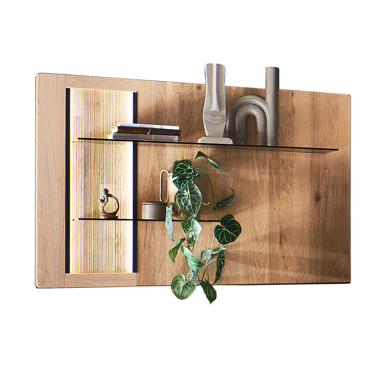 Modernes Wandpaneel aus massiver Kerneiche Natur mit zwei Glasböden (oben lang, unten kurz) und linksseitiger, edel geschroppter, beleuchteter Rückwand. 