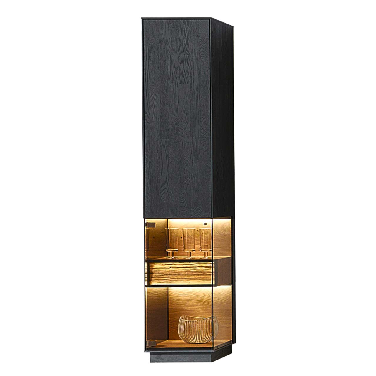 Moderne Vitrine aus massiver Kernesche anthrazit mit Spaltholz-Akzent und Parsolglas