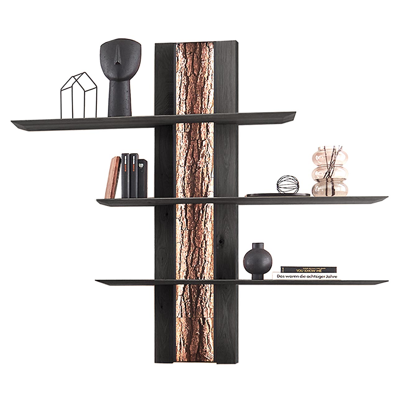 Hartmann RUNA - Wandpaneele 8410-8072 - Kerneiche Natur Modernes Wandpaneel aus massiver Kerneiche Natur Anthrazit gebeizt mit beleuchteter Rinden-Rückwand und drei langen, anthrazitfarbenen Holzböden.