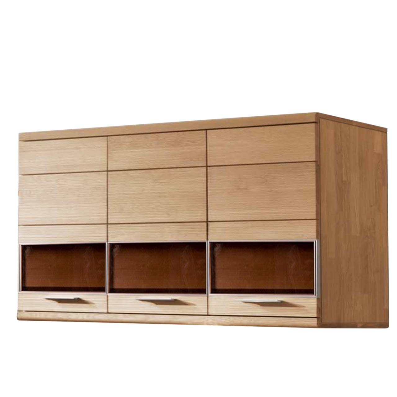 Hartmann SALE Möbel - ARONDA Hängeelement 8380-4215 / Seitliche Ansicht Edle Hängevitrine aus massiver Wildeiche mit einer Glas-Holztür rechts und einer doppelflügeligen Glas-Holztür links mit braunem Glaseinsatz sowie drei silbernen Griffen.