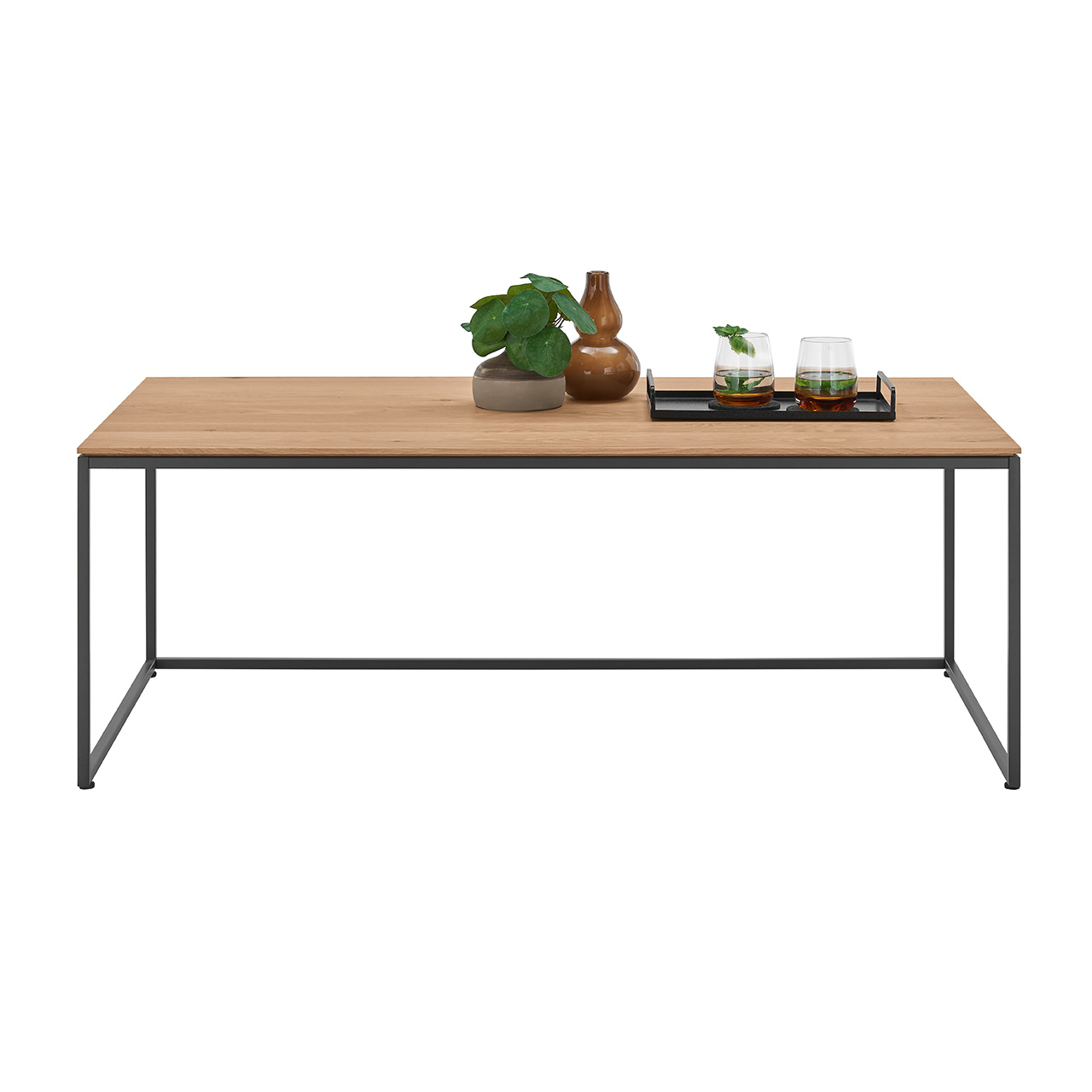 Moderner Couchtisch mit rechteckiger Holztischplatte und filigranem Metallgestell in Anthrazit - In Frontansicht.