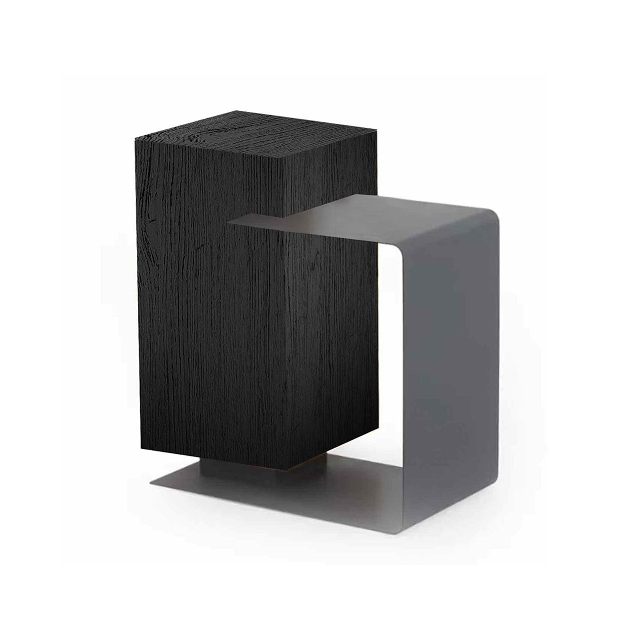 Seitenansicht eines Beistelltisches mit massivem Holzkorpus aus Kerneiche anthrazit und seitlicher Metallablage.