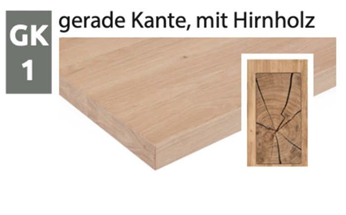 Hartmann Möbel - Tischkante GK1 gerade Kante, mit Hirnholz GK1 - Tischkante: Esstischplatte mit sichtbarer Holzstruktur und gerader Tischkante inkl. einer dekorativen, eckigen Hirnholzscheibe auf Tischmitte – zur Auswahl der Tischkanten bei Esstischen der Hartmann-Möbelserie NATURZEIT