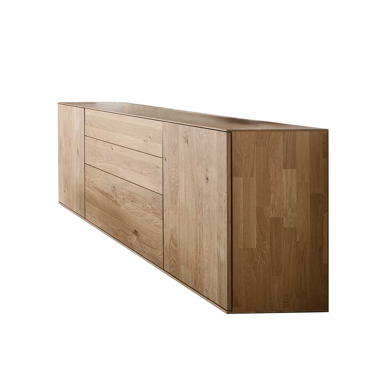 LINEA Leonardo Living - Sideboard 8540-4192 Seitenansicht eines schlichten Sideboards aus massiver Kerneiche Natur mit zwei Türen, Klappe und Schubkasten.