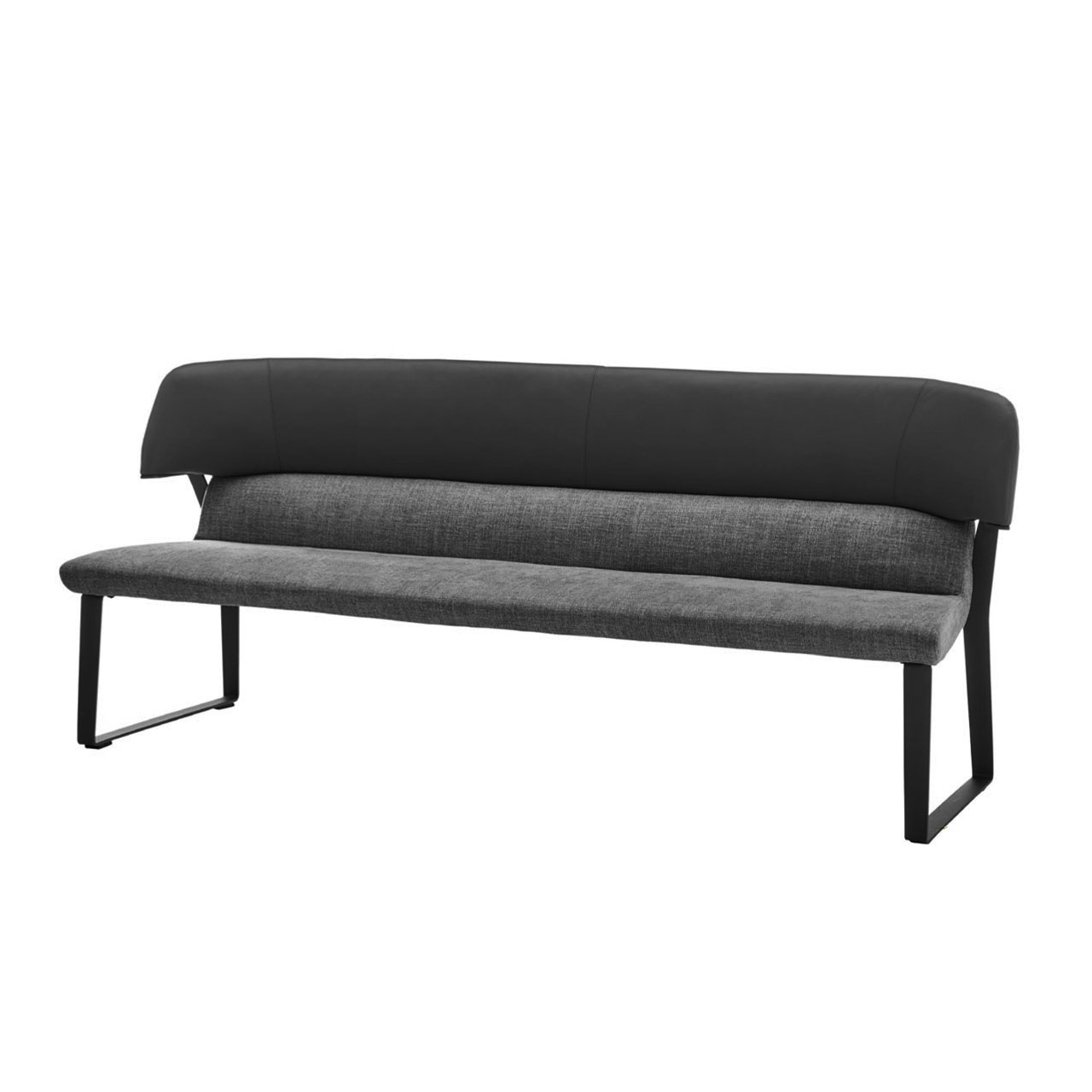 Hartmann RUNA - Bank Eana 8410-1696 - mit Metallgestell Moderne Esszimmer Sitzbank mit gepolsterter Sitzfläche in dunkelgrauem Stoff und Rückenlehne in schwarzem Leder auf zwei bereiten Metallkufen in anthrazit.