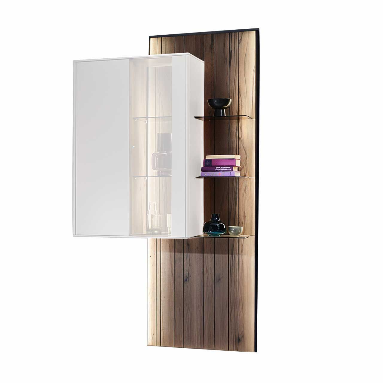 Hohes Wandpaneel aus massiver, dunkelbrauner Altholzbuche Uyaa mit edler Holzmaserung, rechts mittig mit drei Glasböden. Als Aufsatz und nur in Verbindung mit einer Hängevitrine erhältlich.