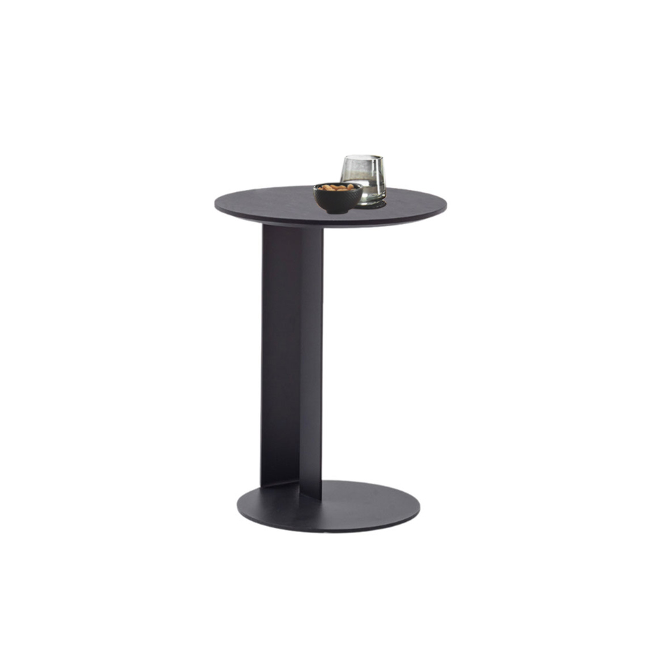 Anthrazit und runder Metallbodenplatte. Hartmann NATURWERKE - Beistelltisch9600C-1442 Kleiner Beistelltisch mit runder Tischplatte aus dunklem Holz auf seitlich stehendem Metallgestell in Anthrazit und runder Metallbodenplatte.