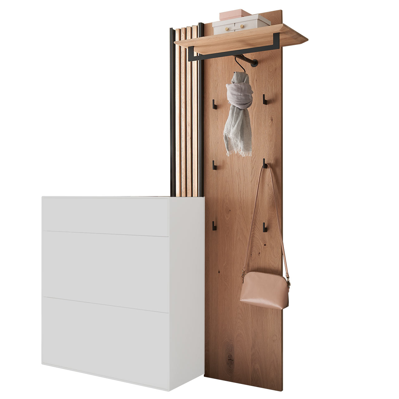 Hartmann SALVO Garderoben - Wandgarderobe 8550G-0075 - mit Lamellen Modernes Garderobenpaneel aus massiver Kerneiche Natur mit Holzlamellen-Akzent links, Hutboden, Ablageboden, Kleiderstange und sechs Mantelhaken aus anthrazitfarbenem Metall.