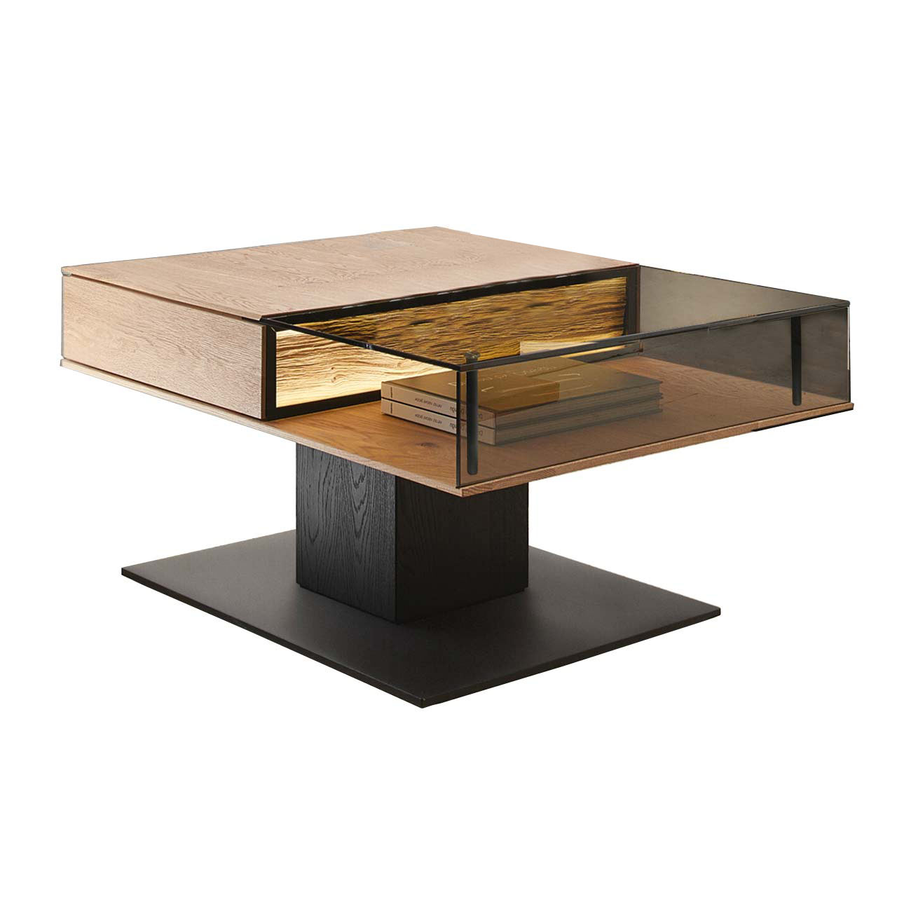 Hartmann NATURWERKE - Couchtisch 8400C-1423 Moderner rechteckiger Couchtisch aus massiver Kerneiche mit Spaltholz-Applikation. Tischplatte zweigeteilt in Glas und Holz. Mit Ablagefläche unter Glas und Schubkasten unter Holz. Säule und Bodenplatte eckig in Holz anthrazit.